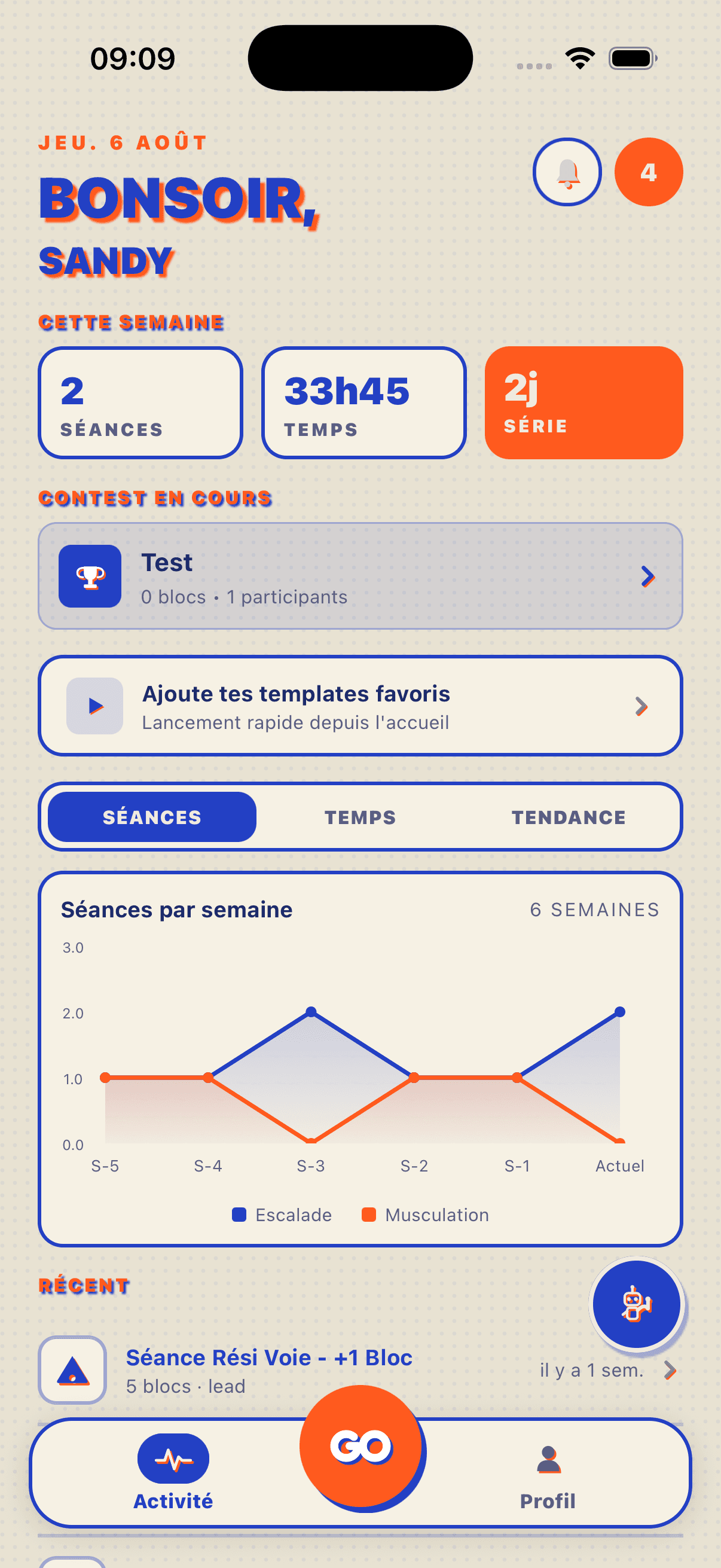 L'écran d'accueil de l'app Kryos : séances de la semaine, contest en cours et suivi de progression.